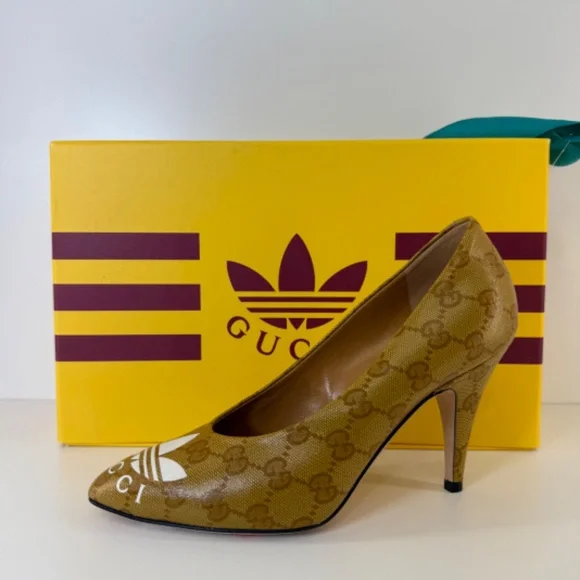 Pre Owned Gucci X Adidas Leather Tan Pumps. GG Logo. Sz 6.5 w/ BOX. - Picture 2 of 6